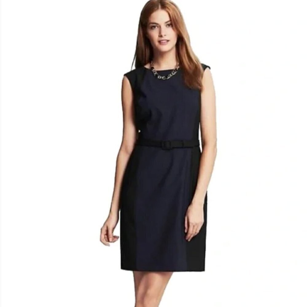 Banana Republic Womens Size 14 Wool Colorblock Sheath Dress Navy Blue Black Belt